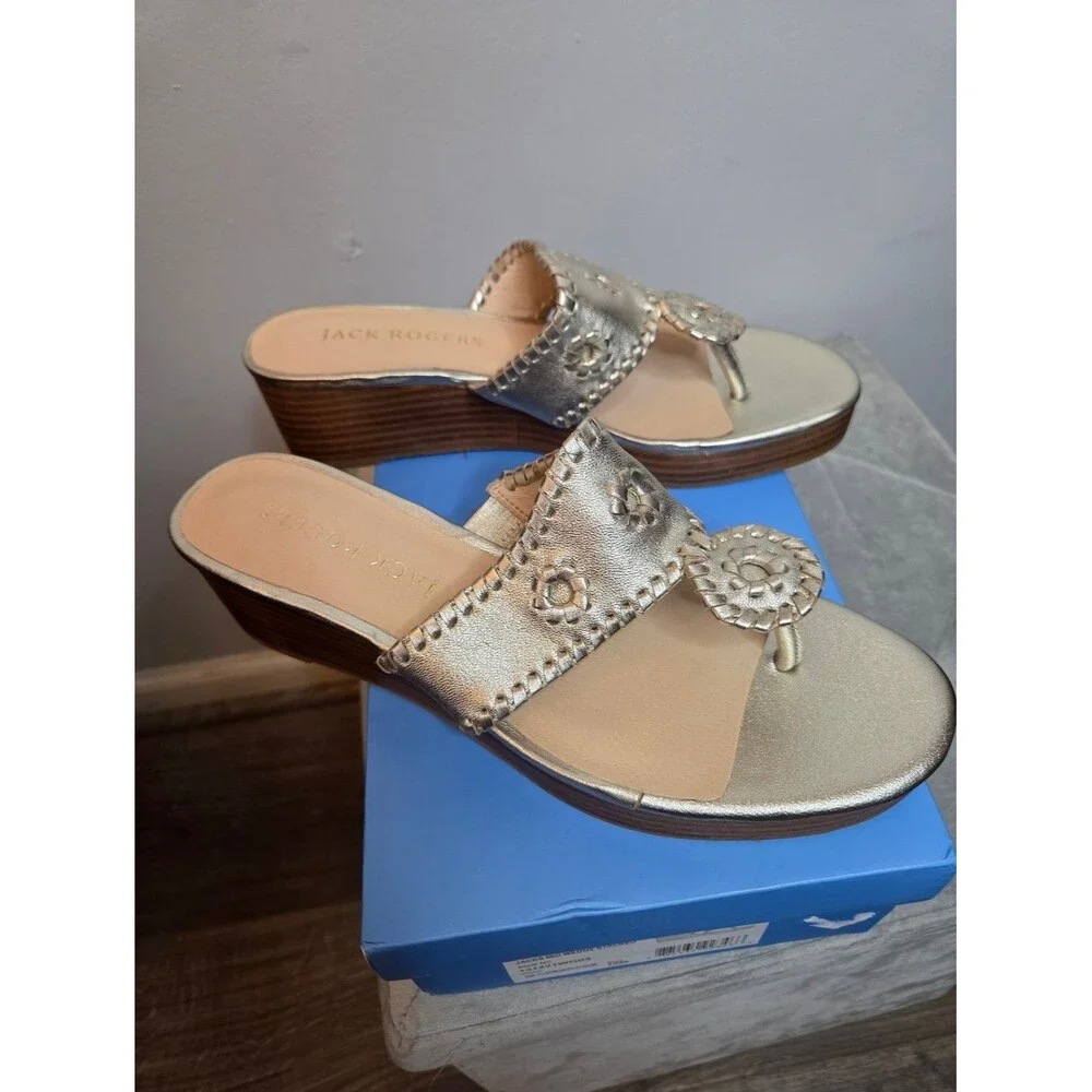 Jack Rogers Mid Wedge Stacked Metallic Gold Wedge Sandals, Size 10, NIB